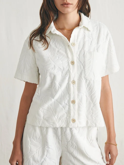 New Cabana Towel Terry Short Sleeve Button Up - Women Shirts & Tops